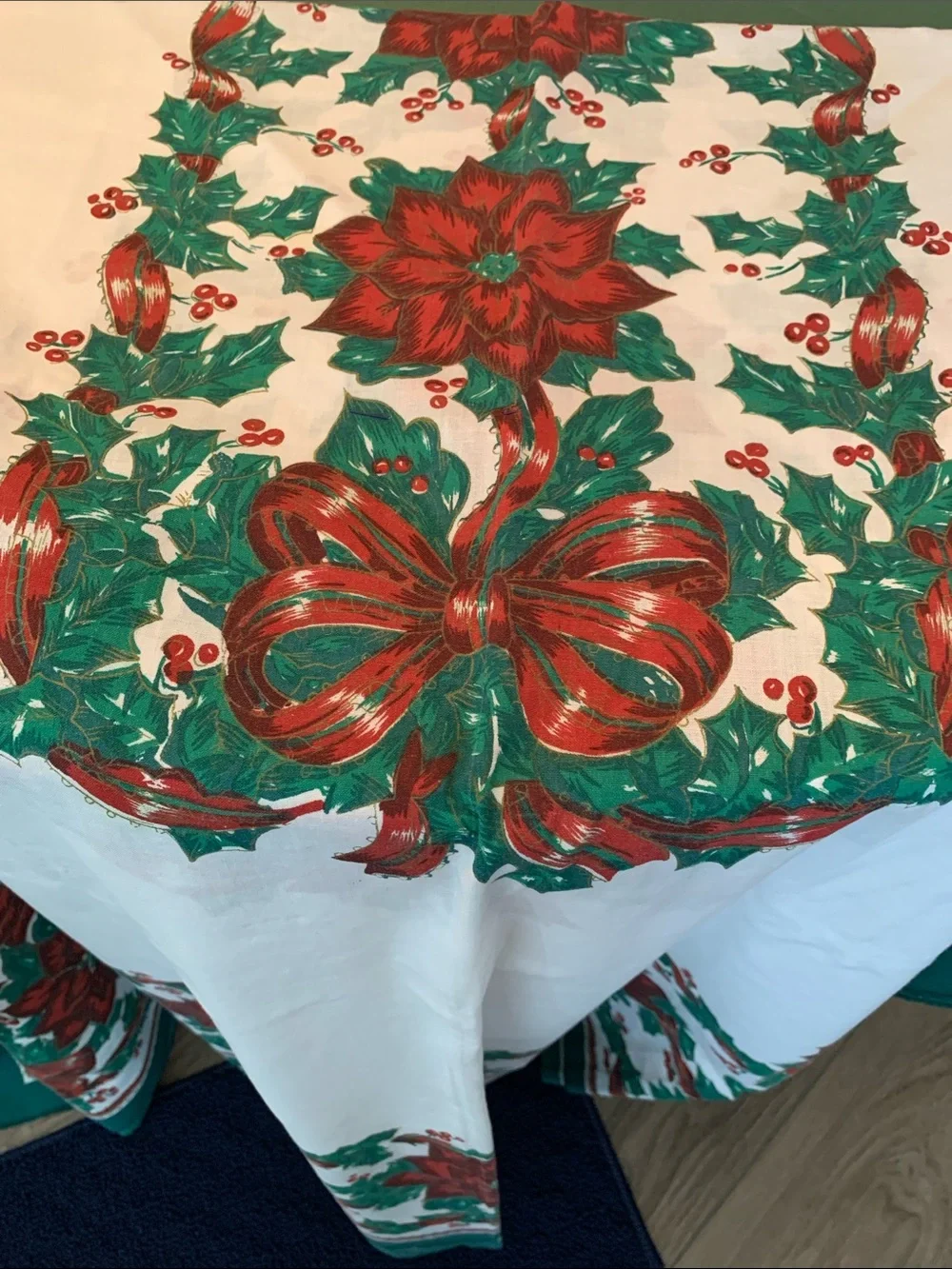 84” X 60” Holly & Poinsettia Linen Blend Christmas Tablecloth  Print Block